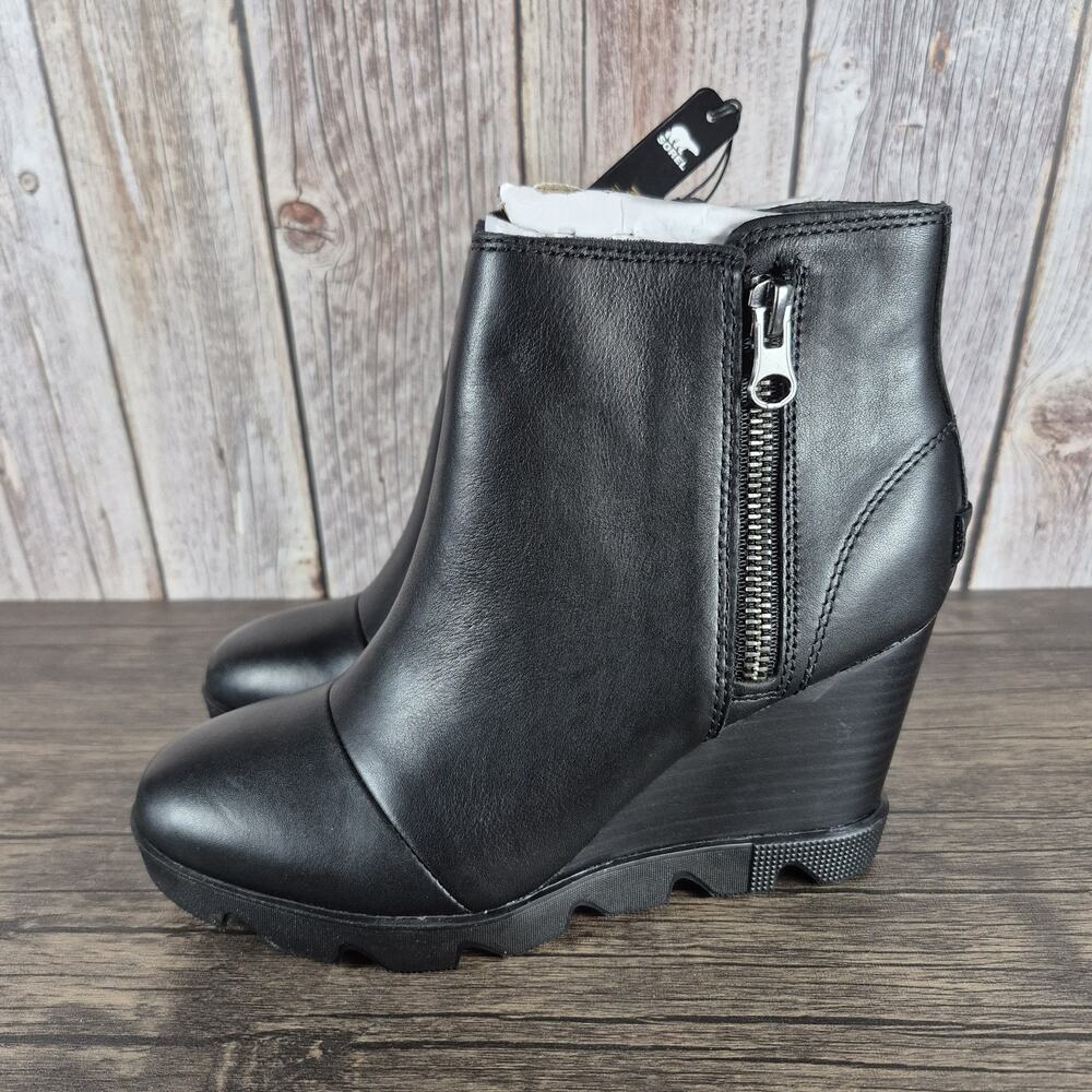 SOREL Joan Uptown Zip Bootie Black Leather Wedge Waterproof Boots Women's Sz 8